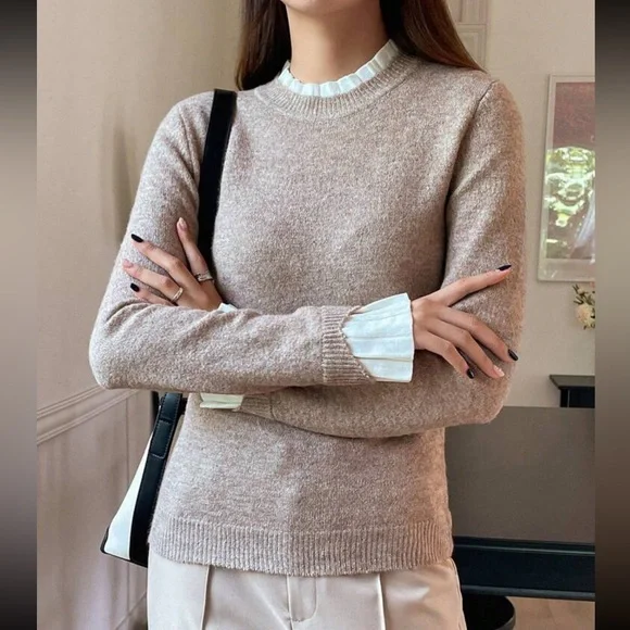 Light beige & white Contrast Trim ruffle Sleeve 2 in 1 style knit Sweater blouse - Picture 2 of 4